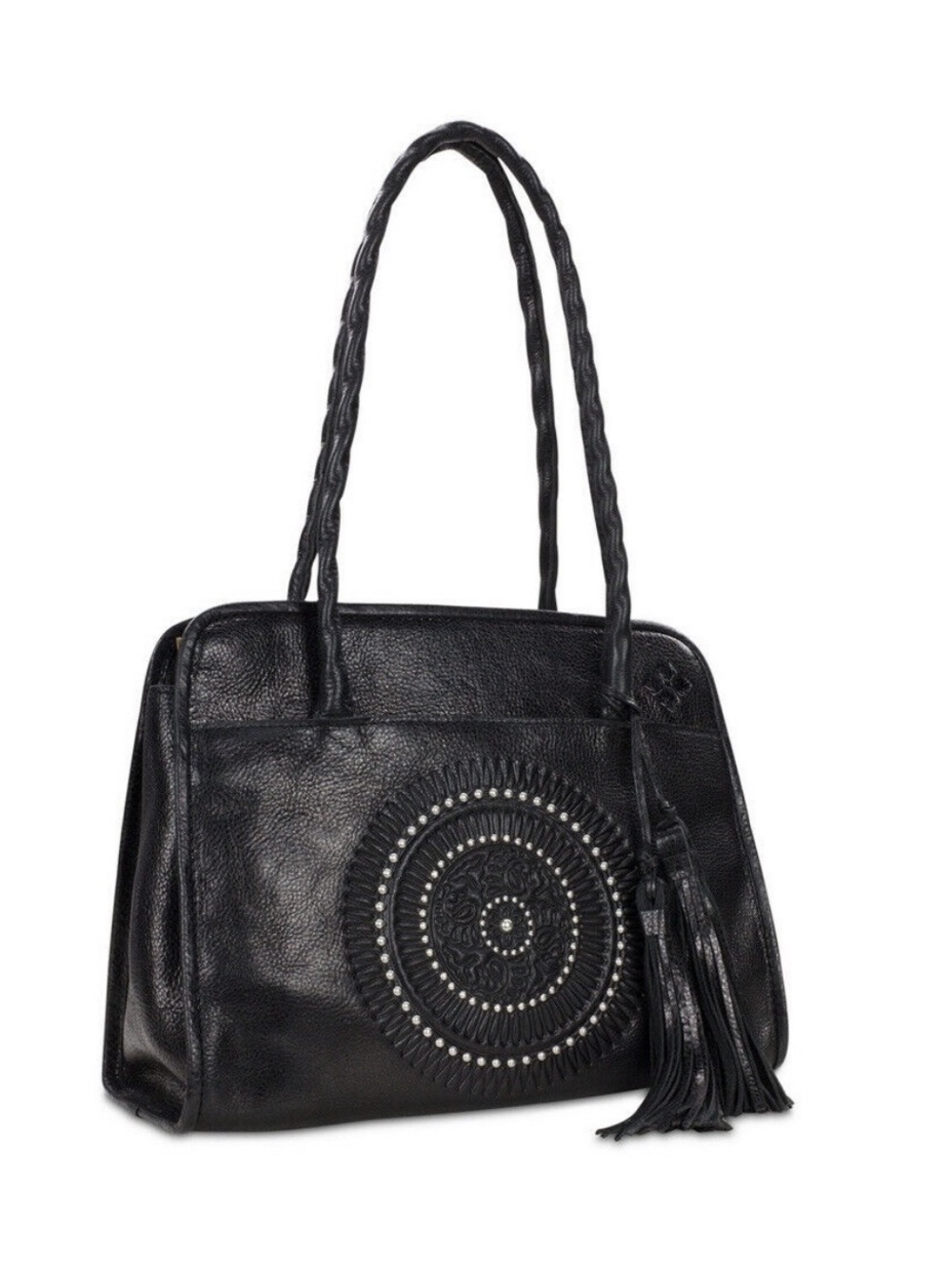 Patricia Nash Black Leather Paris satchel purse with Tassel comes with bag